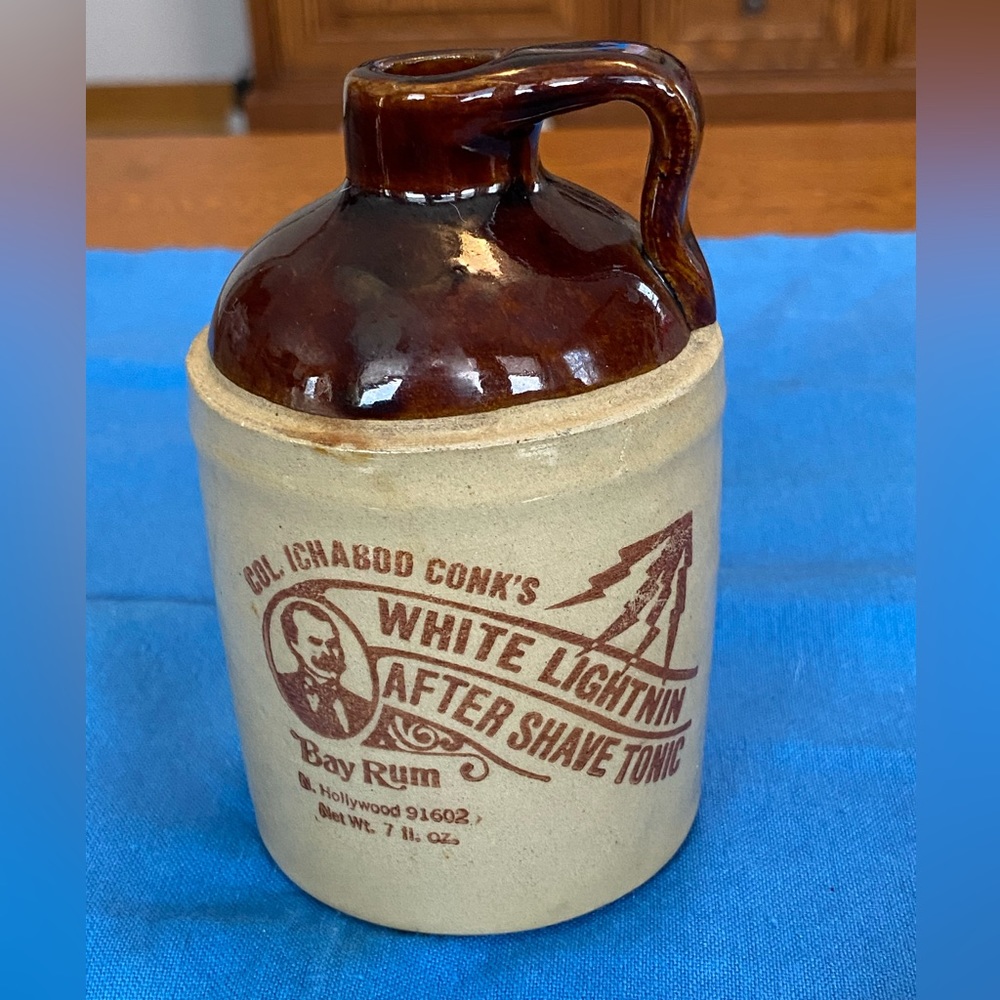 Vintage Col. Ichabod Conk’s white lightning aftershave tonic brown jug